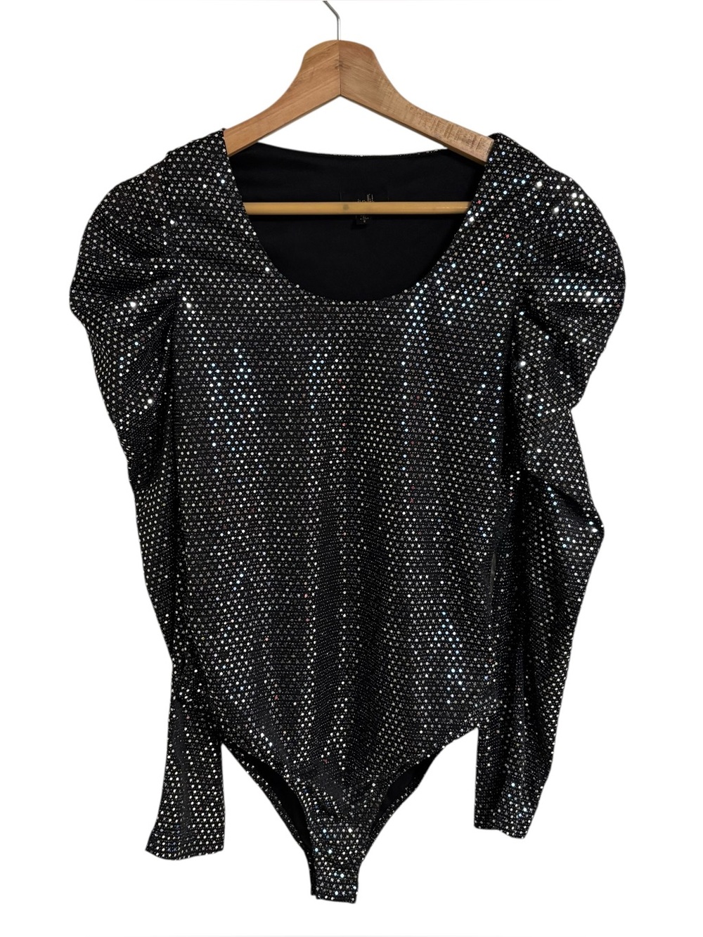 Ontwelfth black silver glam concert sequins puff shoulder long sleeve bodysuit S